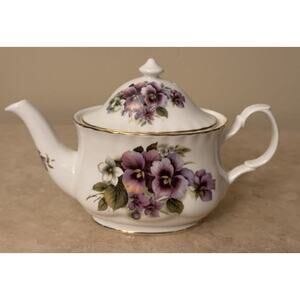 Royal Kent Bone China Pansy Pattern Teapot England Oval Glossy Lid Handles